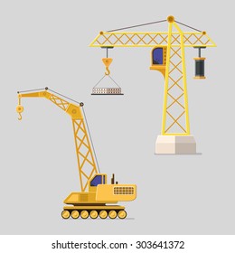 Lifting crane doing heavy. Tower and harbor lifters. Industrial concept. Flat style vector icons.