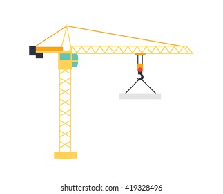 Lifting crane doing heavy lifting. Tower and harbor lifters. Flat style vector icon. Construction crane on white