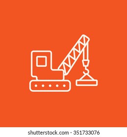 Lifting crane line icon for web, mobile and infographics. Vector white icon isolated on red background.