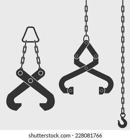 Lifting device - grapple. Crane hook on the chain. Isolated Black silhouette on white background. Vector illustration.