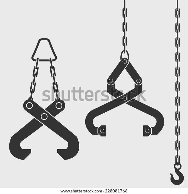 Lifting device - grapple. Crane hook on the\
chain. Isolated Black silhouette on white background. Vector\
illustration.