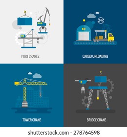 Lifting equipment design concept set with port tower bridge crane flat icons isolated vector illustration