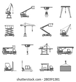 Lifting equipment and heavy industrial machines black icons set isolated vector illustration