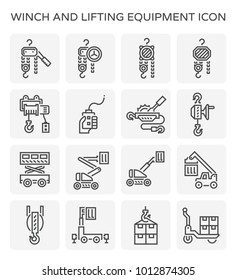 Lifting Equipment Vector Icon I.e. Manual Steel Chain Block Hoist, Electric Hoist, Remote Control, Ratchet Winch, Scissor Lift, Cherry Picker Or Boom Lift, Reach Stacker, Hoist, Hook And Box Package.