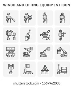 Lifting Equipment Vector Icon I.e. Manual Steel Chain Block Hoist, Electric Hoist, Remote Control, Ratchet Winch, Scissor Lift, Cherry Picker Or Boom Lift, Reach Stacker, Hoist, Hook And Box Package.