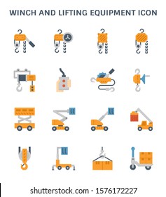 Lifting Equipment Vector Icon I.e. Manual Steel Chain Block Hoist, Electric Hoist, Remote Control, Ratchet Winch, Scissor Lift, Cherry Picker Or Boom Lift, Reach Stacker, Hoist, Hook And Box Package.