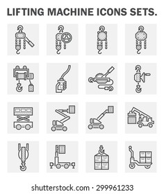 Lifting Equipment Vector Icon I.e. Manual Steel Chain Block Hoist, Electric Hoist, Remote Control, Ratchet Winch, Scissor Lift, Cherry Picker Or Boom Lift, Reach Stacker, Hoist, Hook And Box Package.