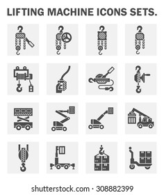 Lifting Equipment Vector Icon I.e. Manual Steel Chain Block Hoist, Electric Hoist, Remote Control, Ratchet Winch, Scissor Lift, Cherry Picker Or Boom Lift, Reach Stacker, Hoist, Hook And Box Package.