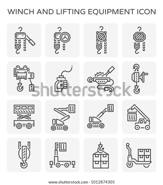 Lifting equipment vector icon i.e. manual steel\
chain block hoist, electric hoist, remote control, ratchet winch,\
scissor lift, cherry picker or boom lift, reach stacker, hoist,\
hook and box package.