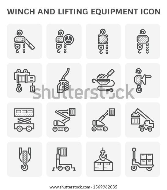 Lifting equipment vector icon i.e. manual steel\
chain block hoist, electric hoist, remote control, ratchet winch,\
scissor lift, cherry picker or boom lift, reach stacker, hoist,\
hook and box package.