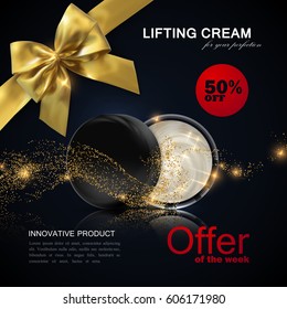 Lifting facial cream ad poster template. Cosmetics package mockup design. 3d vector illustration. Lifting cream jar with golden particles wave and golden bow. Promotional business offer poster design