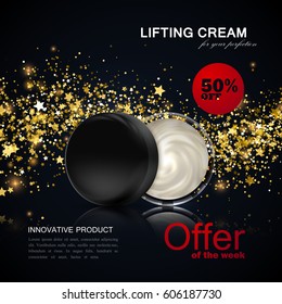 Lifting facial cream ads poster template. Cosmetics package mockup design. 3d vector illustration. Lifting cream jar with golden particles, glitters and stars wave. Promotional business offer poster.