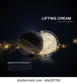 Lifting facial cream ads poster template. Cosmetics package design. 3d vector illustration. Hydrating facial lifting cream jar with golden particles wave isolated on black background. Package mock-up.