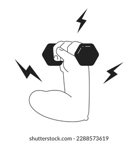 Lifting hand weight monochromatic flat vector first view hand. Dumbbell exercise. Grip with lightnings. Editable thin line icon on white. Simple bw cartoon spot image for web graphic design, animation