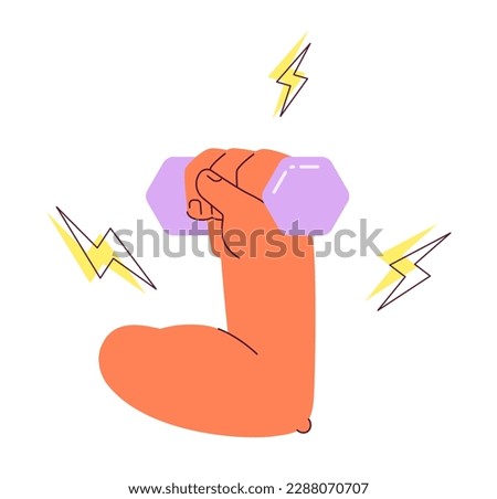 Lifting hand weight semi flat colorful vector first view hand. Dumbbell exercise. Grip with lightning bolts. Editable icon on white. Simple cartoon spot illustration for web graphic design, animation