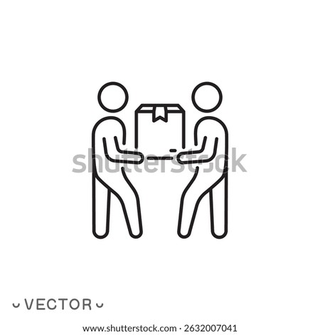 lifting heavy icon, delivery courier service, two man carrying load concept, thin line symbol isolated on white background, editable stroke eps 10 vector illustration