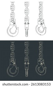 Lifting hook and chains blueprints stylized vector illustrations