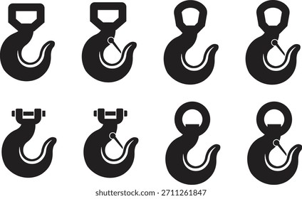 Conjunto de iconos de gancho de elevación, grúa, símbolos de equipo de elevación industrial, carga pesada, grillete y variaciones de pestillo de seguridad en Ilustración vectorial sólida y de contorno aislada sobre fondo transparente