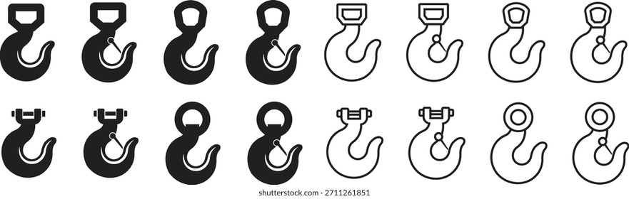 Conjunto de iconos de gancho de elevación, grúa, símbolos de equipo de elevación industrial, carga pesada, grillete y variaciones de pestillo de seguridad en Ilustración vectorial sólida y de contorno aislada sobre fondo transparente