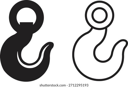 Conjunto de iconos de gancho de elevación, grúa, símbolos de equipo de elevación industrial, carga pesada, grillete y variaciones de pestillo de seguridad en Ilustración vectorial sólida y de contorno aislada sobre fondo transparente