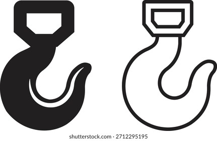 Conjunto de iconos de gancho de elevación, grúa, símbolos de equipo de elevación industrial, carga pesada, grillete y variaciones de pestillo de seguridad en Ilustración vectorial sólida y de contorno aislada sobre fondo transparente