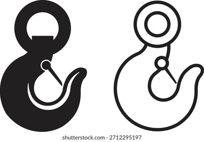 Conjunto de iconos de gancho de elevación, grúa, símbolos de equipo de elevación industrial, carga pesada, grillete y variaciones de pestillo de seguridad en Ilustración vectorial sólida y de contorno aislada sobre fondo transparente