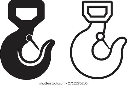 Conjunto de iconos de gancho de elevación, grúa, símbolos de equipo de elevación industrial, carga pesada, grillete y variaciones de pestillo de seguridad en Ilustración vectorial sólida y de contorno aislada sobre fondo transparente