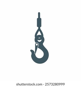 Lifting hook on white background. Black icon, lifting hook with rope. Lifting large loads. Industrial steel hook tower crane. Cran Icon, Tow Hook, Vector image.white background