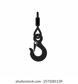 Lifting hook on white background. Black icon, lifting hook with rope. Lifting large loads. Industrial steel hook tower crane. Cran Icon, Tow Hook, Vector image.