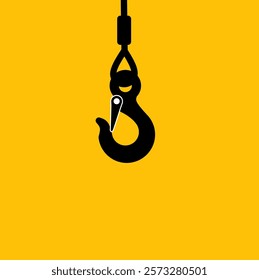 Lifting hook on yellow background. Black icon, lifting hook with rope. Lifting large loads. Industrial steel hook tower crane. Cran Icon, Tow Hook, Vector image.