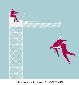 Lifting a human body through a tower crane. Isolated on blue background.