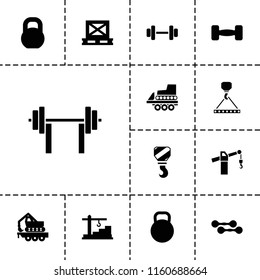 Lifting icon. collection of 13 lifting filled icons such as barbell, cargo on palette, cargo crane, construction  crane, kettle. editable lifting icons for web and mobile.