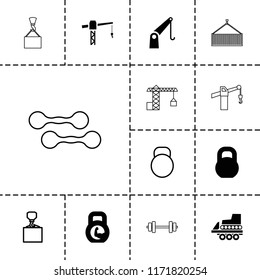 Lifting icon. collection of 13 lifting filled and outline icons such as barbell, cargo crane, hook with cargo, kettle. editable lifting icons for web and mobile.