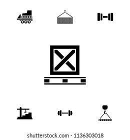 Lifting icon. collection of 7 lifting filled icons such as hook with cargo, construction  crane, barbell. editable lifting icons for web and mobile.