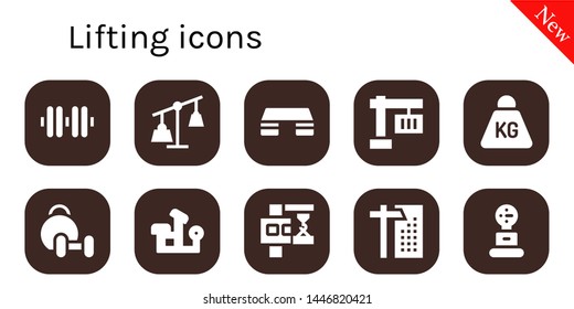 lifting icon set. 10 filled lifting icons.  Simple modern icons about  - Dumbbell, Weights, Fitness step, Crane, Weight, Weightlifting, Bench press