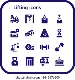 lifting icon set. 16 filled lifting icons.  Simple modern icons about  - Crane, Anti age, Weight, Weights, Dumbbell, Barbell, Lift, Container