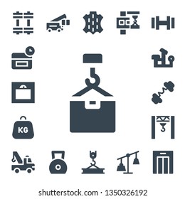 lifting icon set. 17 filled lifting icons.  Collection Of - Weights, Anti age, Weight, Crane, Bench press, Barbell, Skin, Dumbbell, Lift