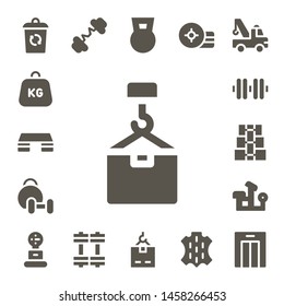 lifting icon set. 17 filled lifting icons.  Simple modern icons about  - Container, Weight, Fitness step, Crane, Weightlifting, Dumbbell, Bench press, Barbell, Weights, Skin, Lift