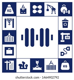 lifting icon set. 17 filled lifting icons.  Collection Of - Weight, Crane, Container, Dumbbell, Chest expander, Bench press, Weightlifting