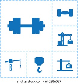 Lifting icon. set of 6 lifting filled icons such as construction crane, hook, construction  crane, barbell