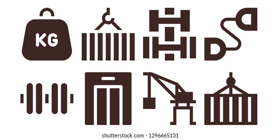  lifting icon set. 8 filled lifting icons. Simple modern icons about  - Dumbbell, Weight, Lift, Crane, Container, Chest expander