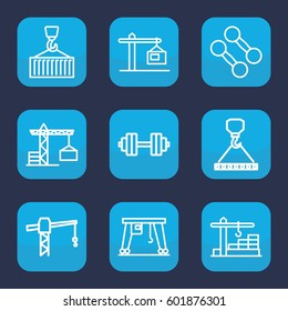 lifting icon. Set of 9 outline lifting icons such as construction crane, hook with cargo, cargo on hook, cargo crane, construction  crane, barbell   isolated