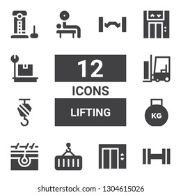 lifting icon set. Collection of 12 filled lifting icons included Dumbbell, Lift, Crane, Skin, Weight, Forklift, Weightlifting, Strength, Barbell