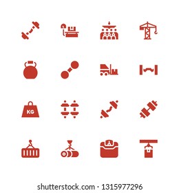 lifting icon set. Collection of 16 filled lifting icons included Crane, Weight, Dumbbell, Barbell, Forklift, Kettlebell, Mass