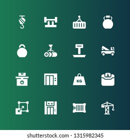 lifting icon set. Collection of 16 filled lifting icons included Crane, Container, Lift, Stretching, Weight, Kettlebell, Barbell