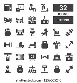 lifting icon set. Collection of 32 filled lifting icons included Dumbbell, Kettlebell, Weight, Mass, Barbell, Container, Crane, Bench press, Forklift, Skin, Strength, Weightlifting