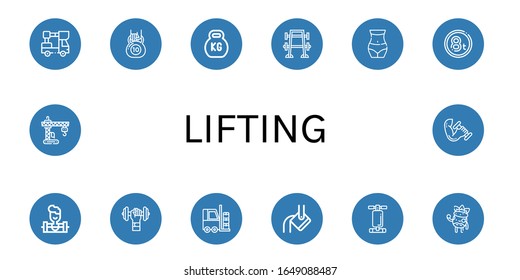 lifting icon set. Collection of Lifter, Kettlebell, Bench press, Waist, Weight, Weighlifter, Dumbbell, Forklift, Heavy, Abdominal bench, Facial treatment, Crane icons