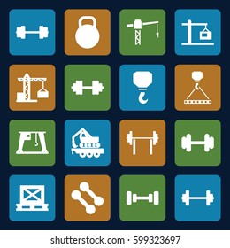 lifting icons set. Set of 16 lifting filled icons such as construction crane, barbell, hook, hook with cargo, cargo on palette, cargo crane, construction  crane, kettle