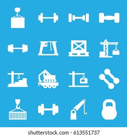 Lifting icons set. set of 16 lifting filled icons such as construction crane, barbell, hook with cargo, cargo on palette, construction  crane
