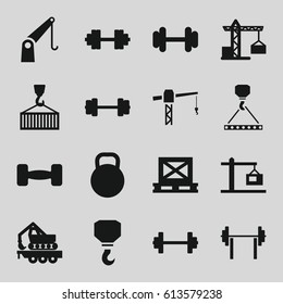 Lifting icons set. set of 16 lifting filled icons such as construction crane, hook, hook with cargo, barbell, cargo on palette, construction  crane, kettle